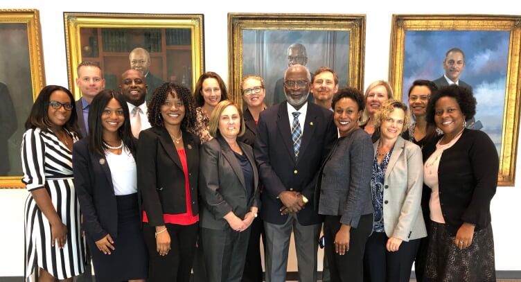 The 2018-2019 class of RWJF Health Policy Fellows meets with Dr. David Satcher, founder of the Satcher Leadership Institute at Morehouse School of Medicine and former U.S. Surgeon General and Assistant Secretary for Health.